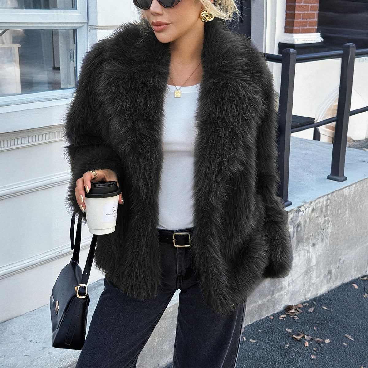 Wide-lapel Shaggy Faux Fur Jacket