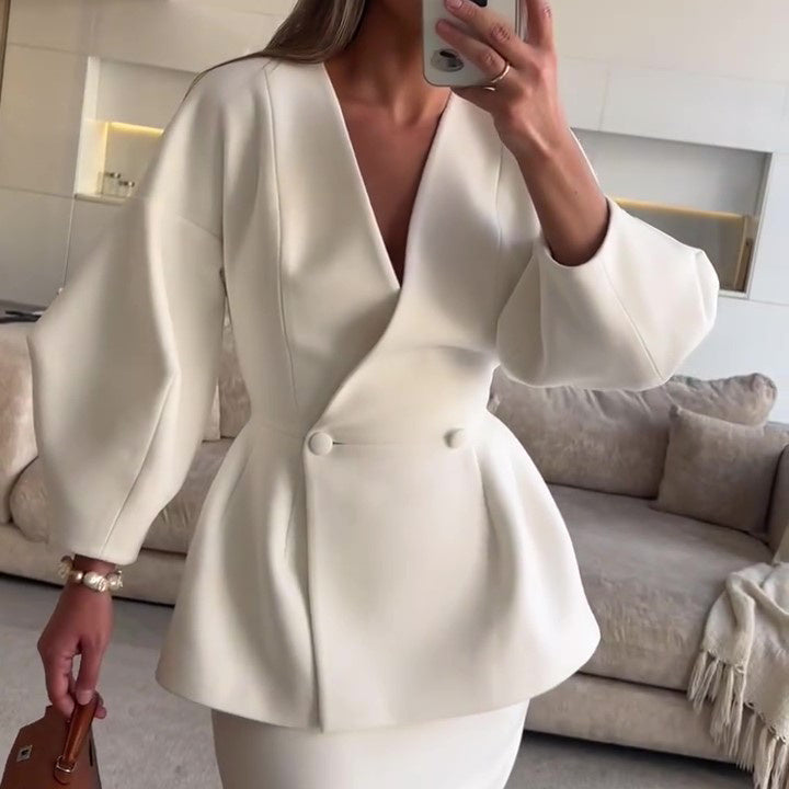 Puffed-sleeve V-neck Double-breasted Suit Set