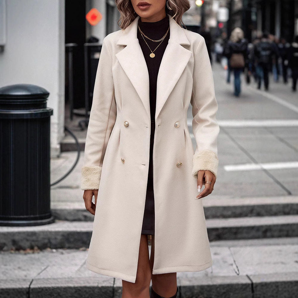Double-breasted Faux Fur - Cuffed Women's Woolen Coat