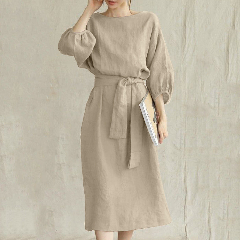 Puffed-sleeve Linen Midi Dress