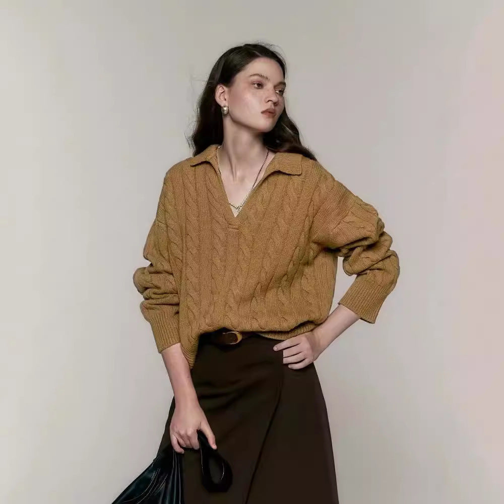 Cable-knit V-neck Polo Collar Oversized Women's Knit Sweater