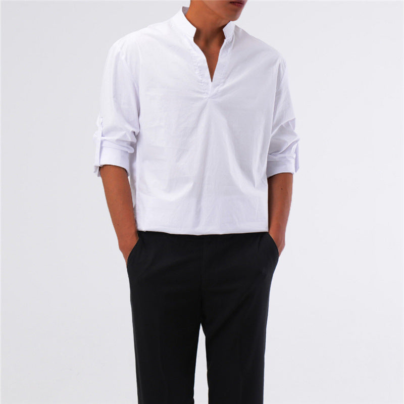 V-neck Relaxed-fit Men's Long-sleeved Cotton Blend Shirt