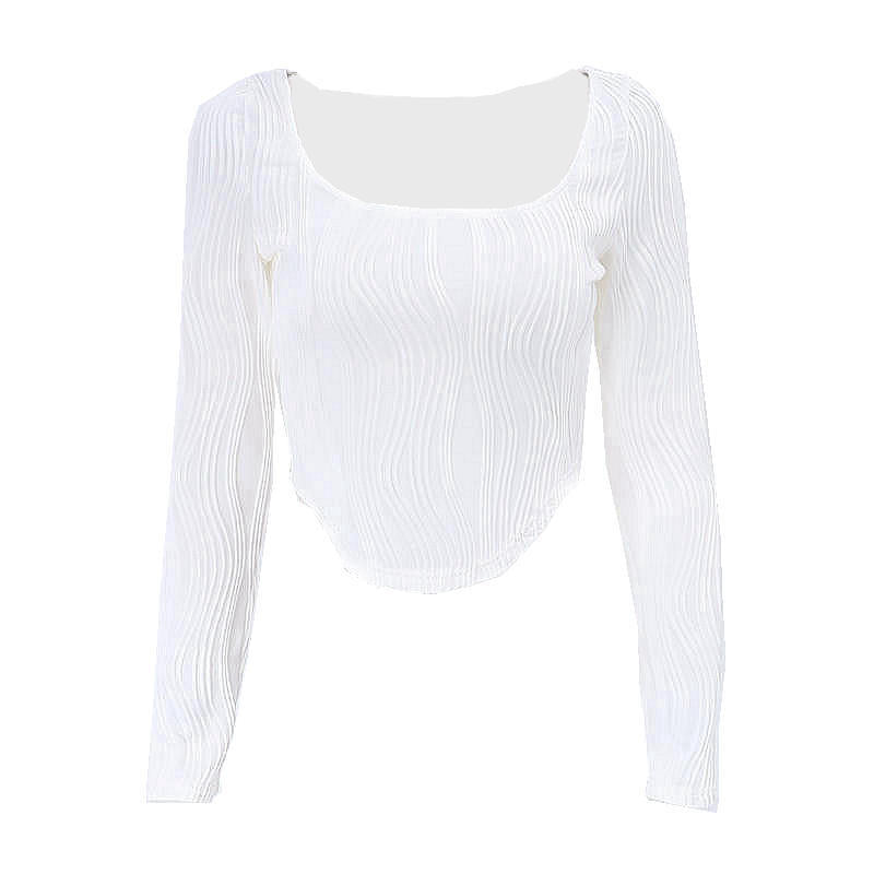 Wavy-textured Square-neck Cropped Long Sleeve Women's Top