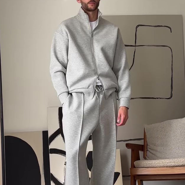 Stand-collar Vertical-seamed Men's Zip-Up Jacket & Pants Set