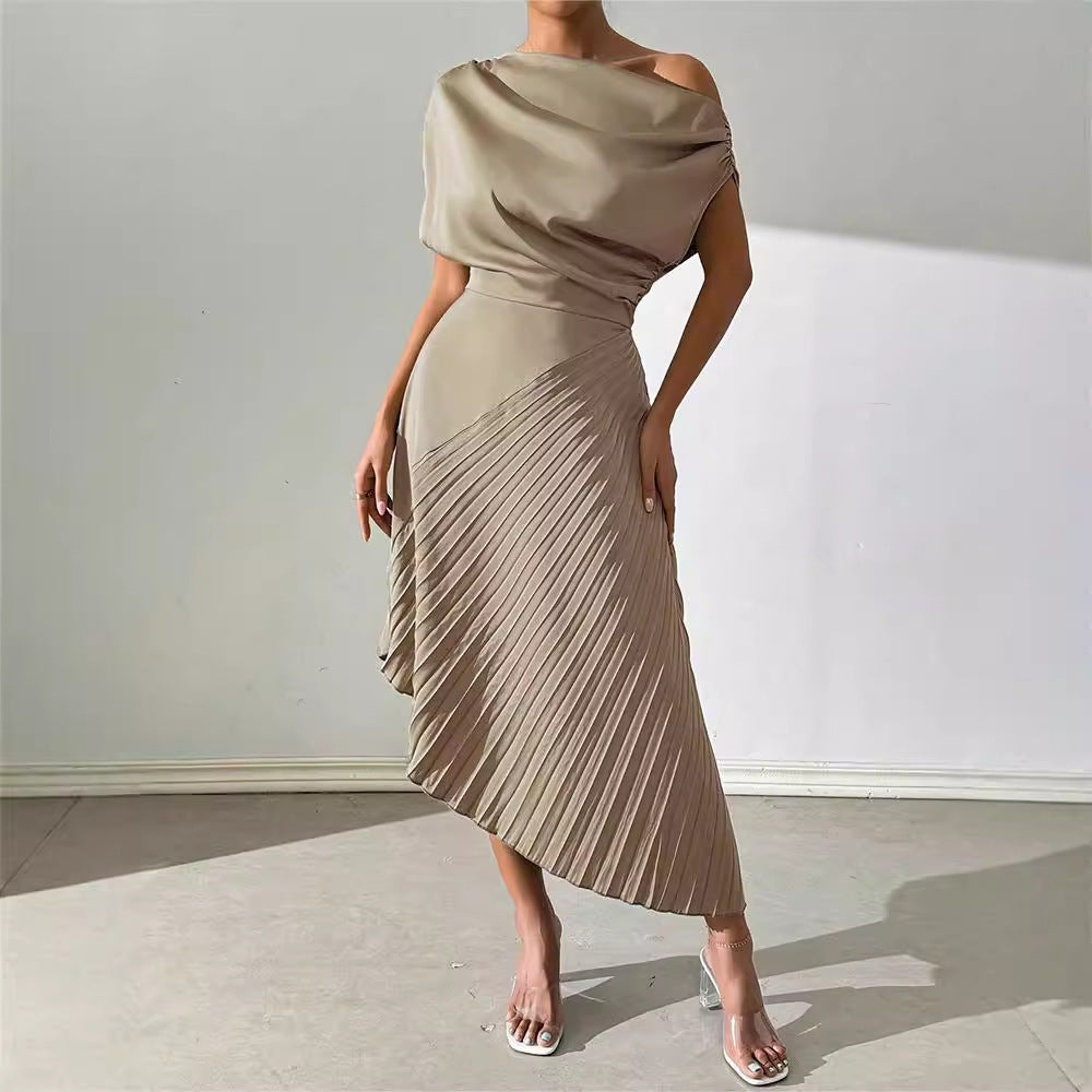 Off-the-shoulder Pleated Asymmetrical Formal Women's Dress