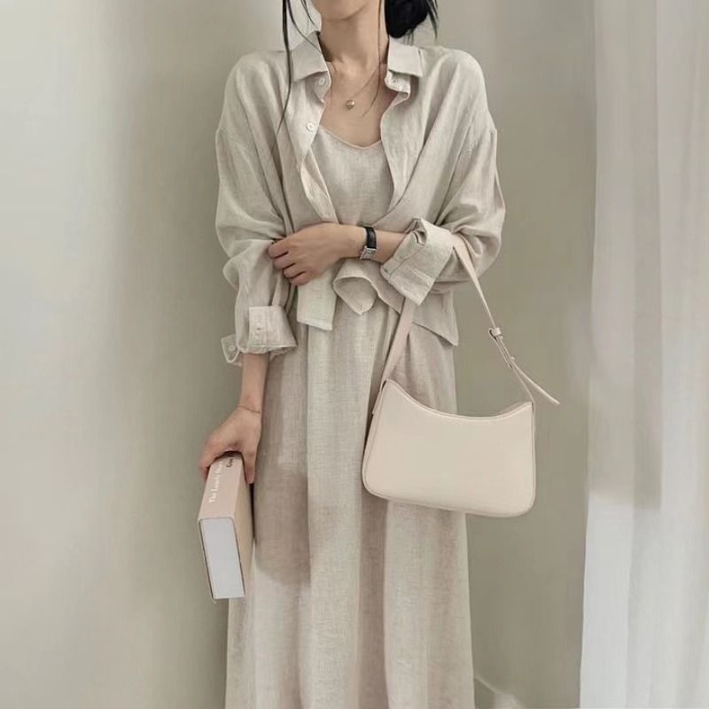 Minimalist V-neck Linen Two-piece Dress Set