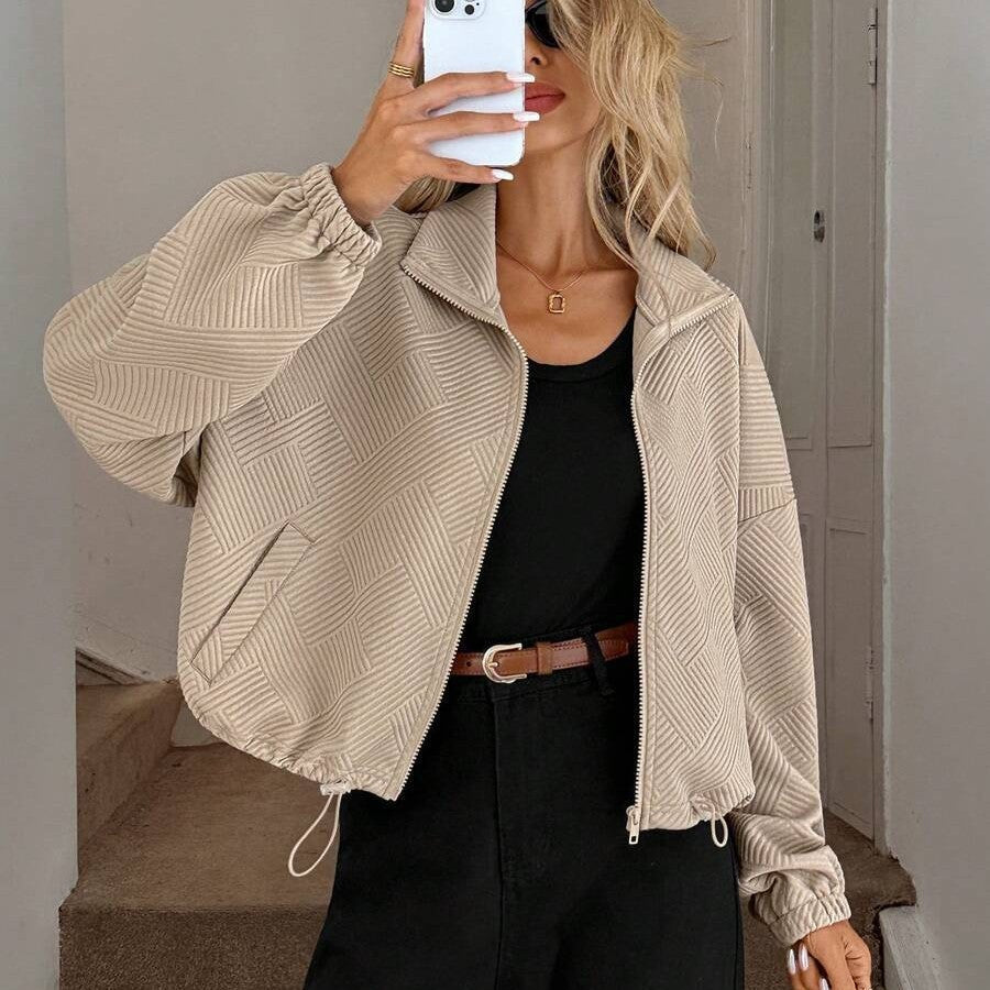 Geometric-pattern Cropped Zip-up Casual Jacket