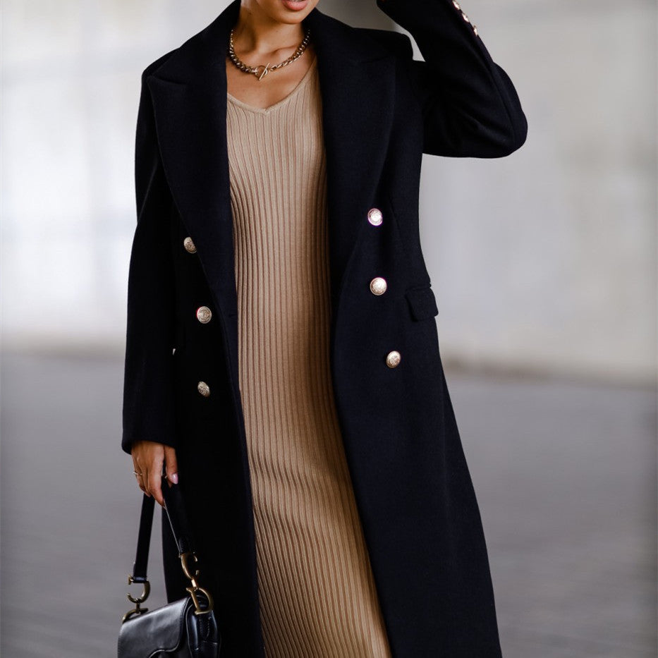 Double-breasted Metallic-button Wool-blend Long Coat