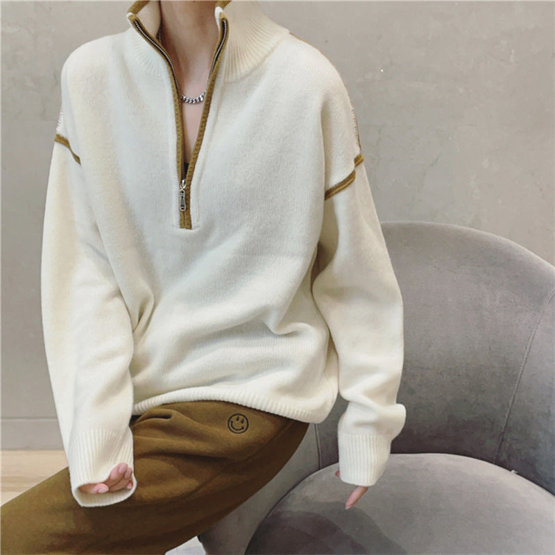 Contrast-trim Half-zip Oversized Knit Sweater