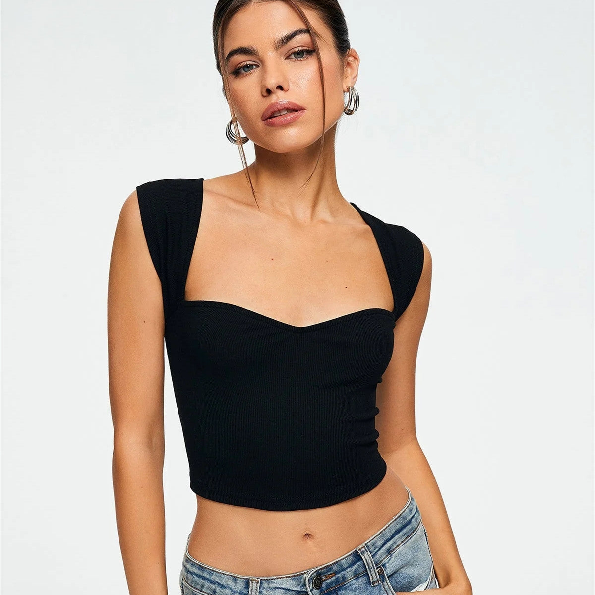 Sweetheart-neck Ribbed Cropped Top