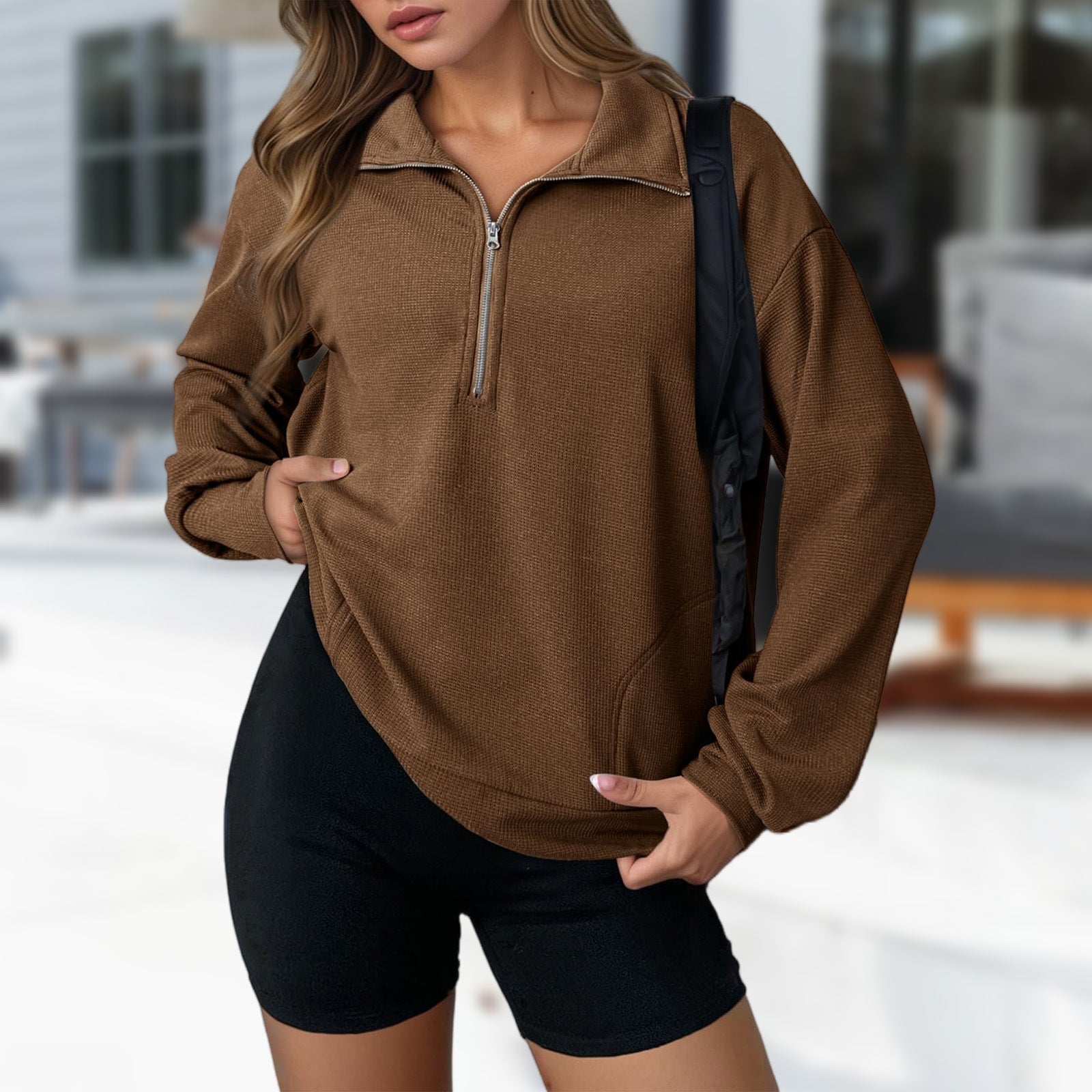 Waffle-textured Women's Half-zip Sweater