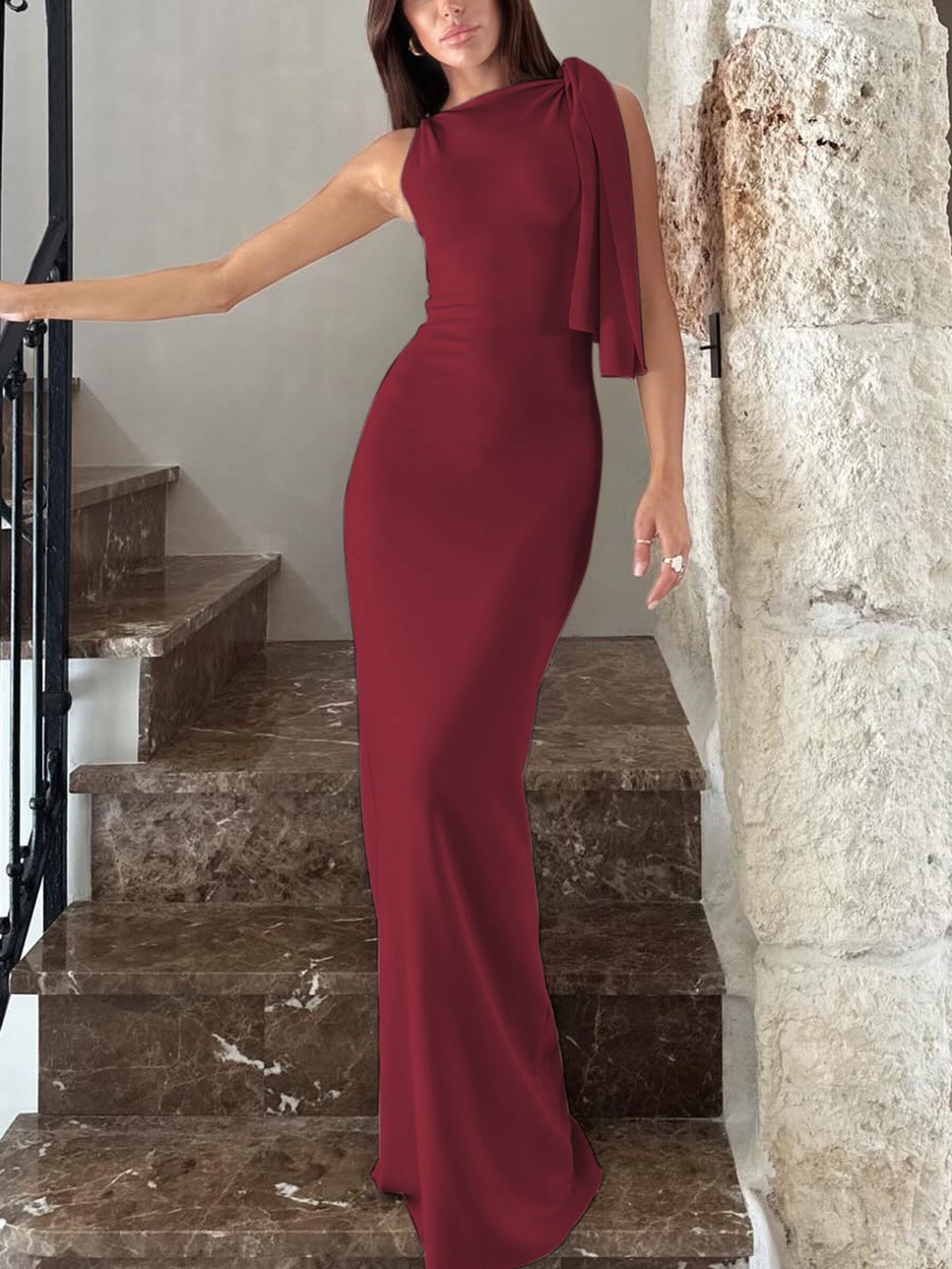 One-shoulder Draped Bodycon Evening Maxi Dress