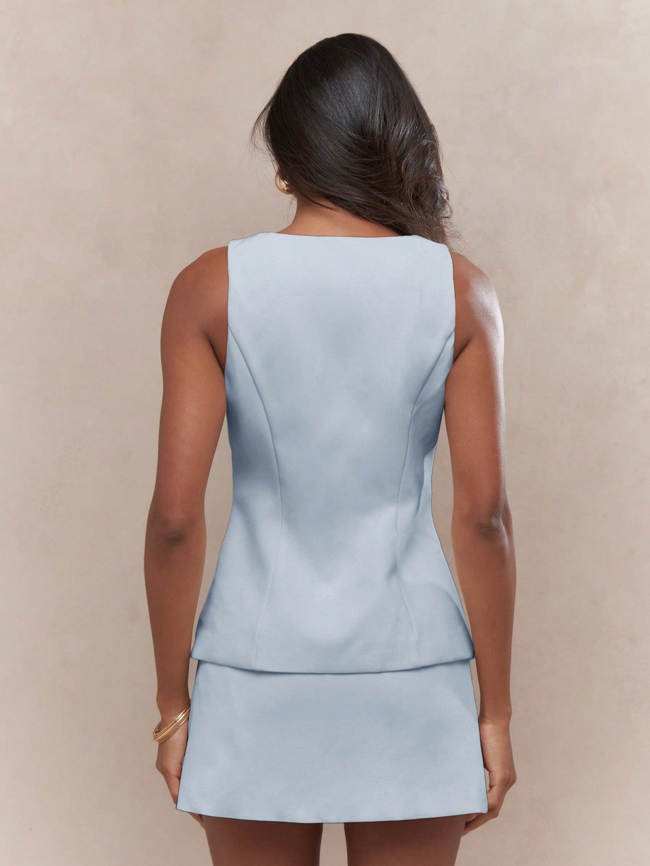 Structured Square Neck Sleeveless Vest and Mini Skirt Two Piece Set