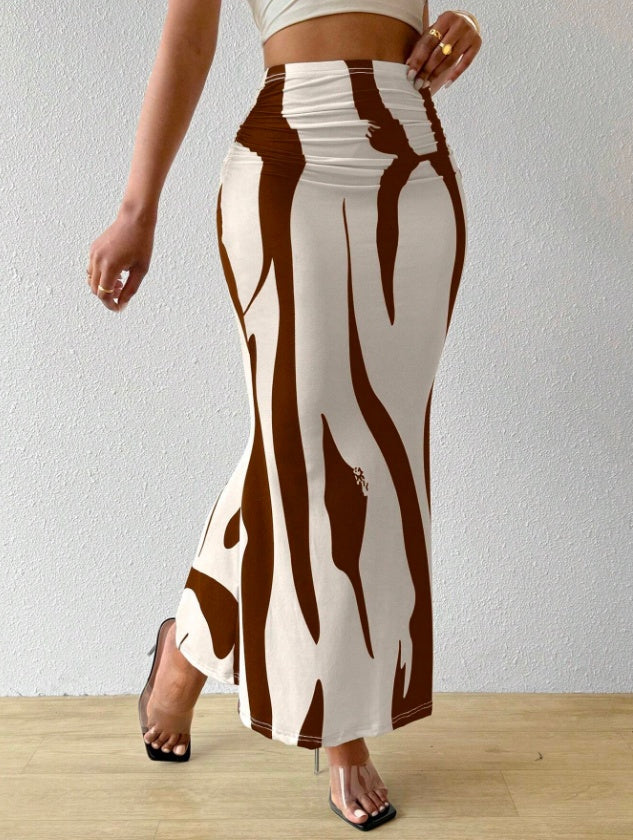 Abstract-patterned High-rise Ruched Maxi Skirt