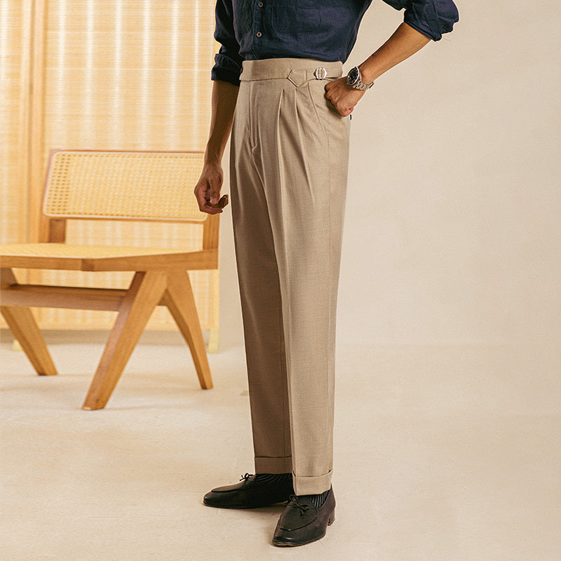 Buckle-tabbed High-waist Pleated Men's Dress Trousers