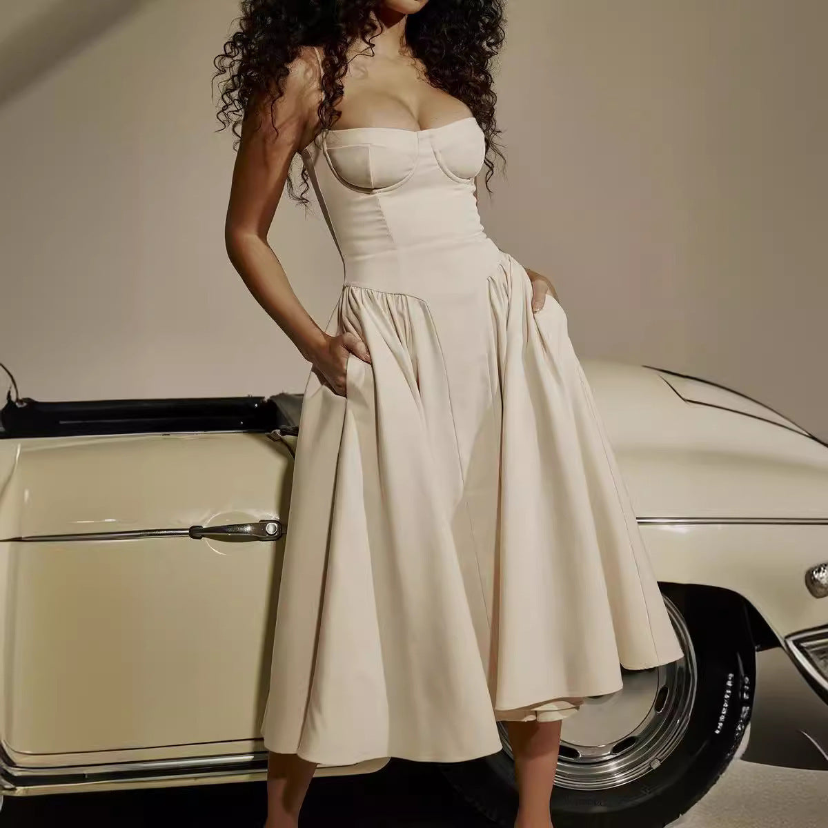 Pocketed Structured Midi Sling Dress