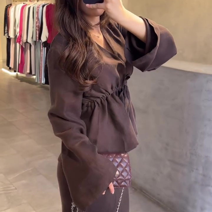 Bell-sleeve V-neck Tunic & High-waisted Maxi Skirt Set