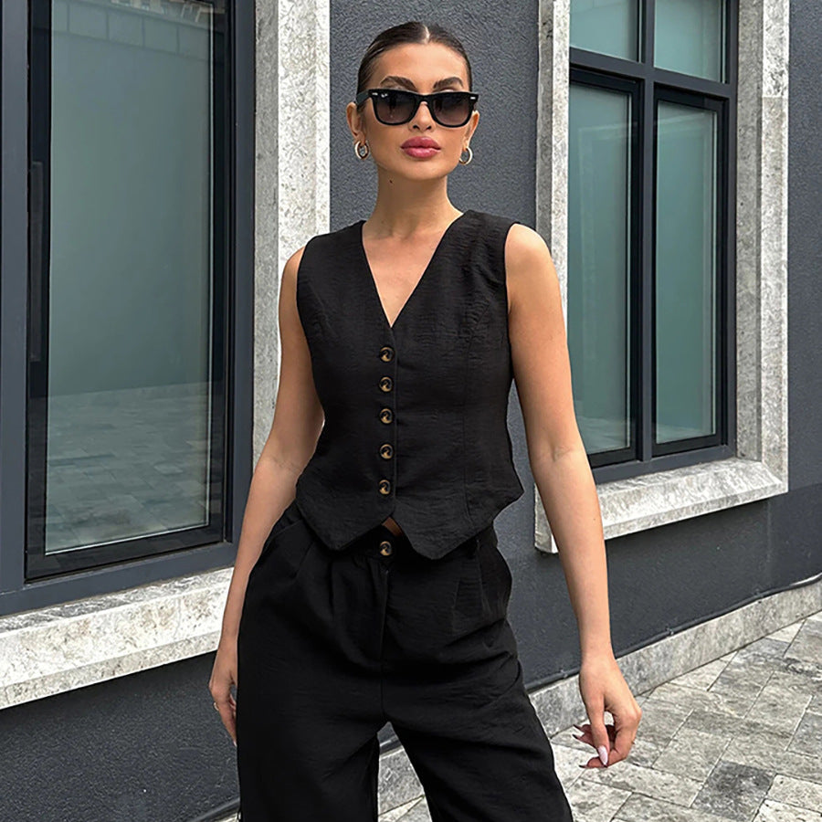 Gold-buttoned Cropped Vest and High-waist Wide-leg Trousers Suit Set