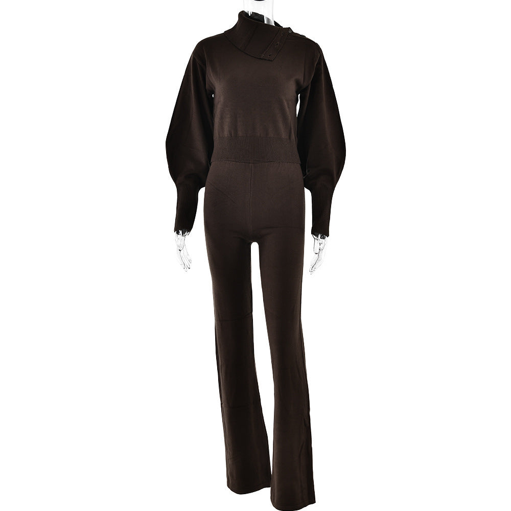 Asymmetrical-collar Puffed-sleeve Knit Jumpsuit