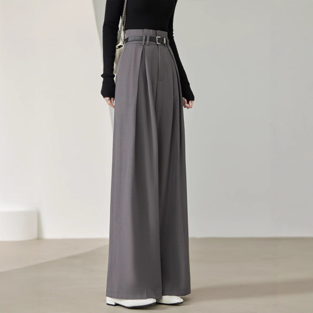 Belted Front-pleated Women's High-waist Wide-leg Trousers