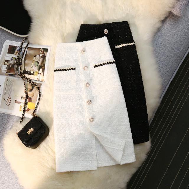 Button-front Textured High-waisted Midi Skirt