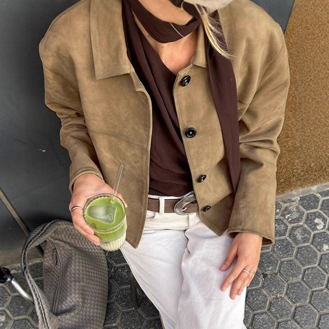 Cropped Button-front Suede Jacket