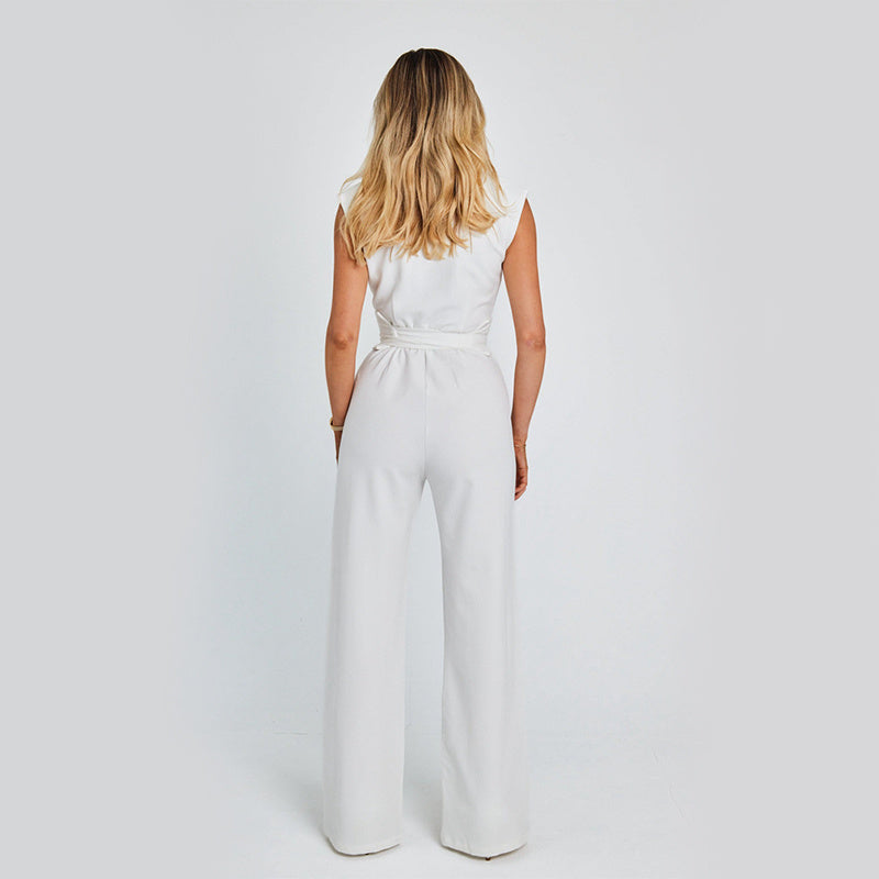 High-angled Collar Wide-belted Women's Sleeveless Jumpsuit