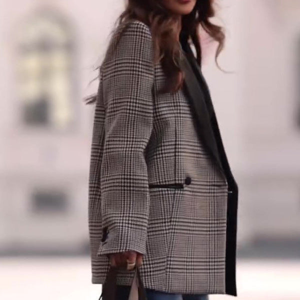 Contrast-lapeled Checkered Wool Blend Oversized Blazer